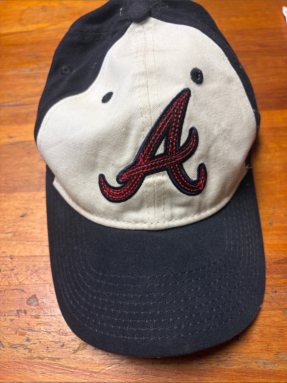 Braves Black and Cream Baseball Hat with Red 'A' sequined Patch